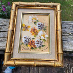 Original Signed Butterfly & Floral Oil Painting On Board In Vintage Faux Bamboo